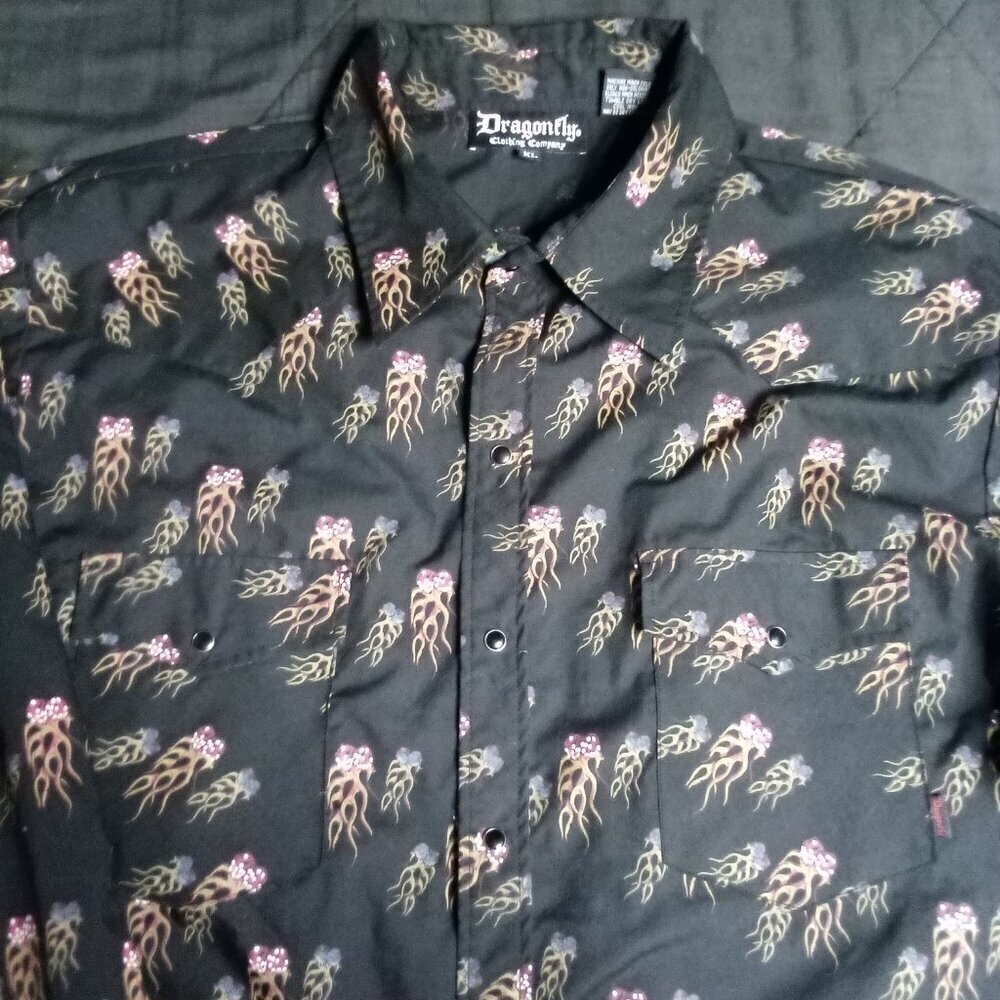 Vintage Dragonfly Flaming Dice Pearl Snap Button Shirt